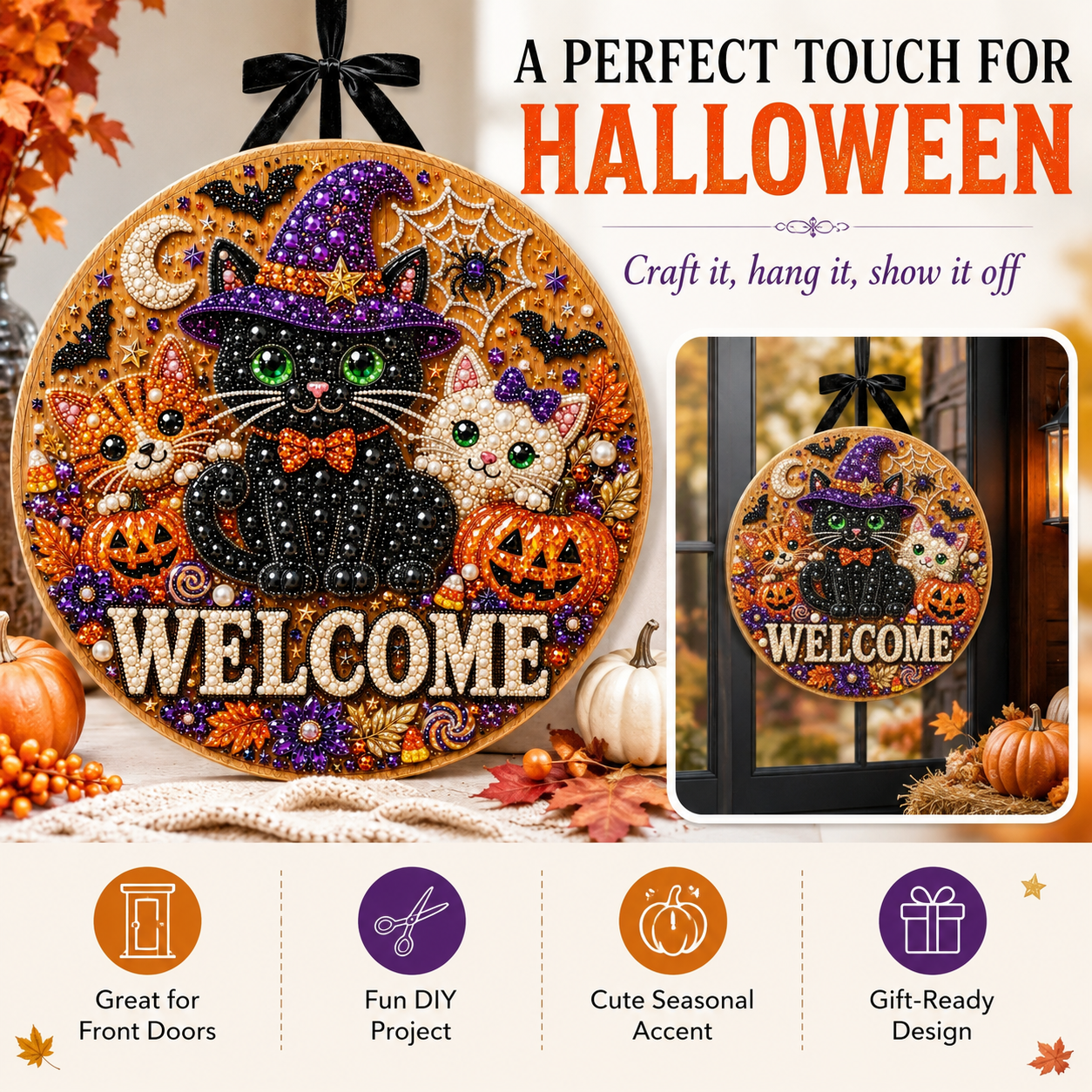 DIY Halloween Pearl Welcome Sign – Sparkling Cat & Pumpkin Door Porch Decor for Fall Home Decoration 🐈‍⬛✨