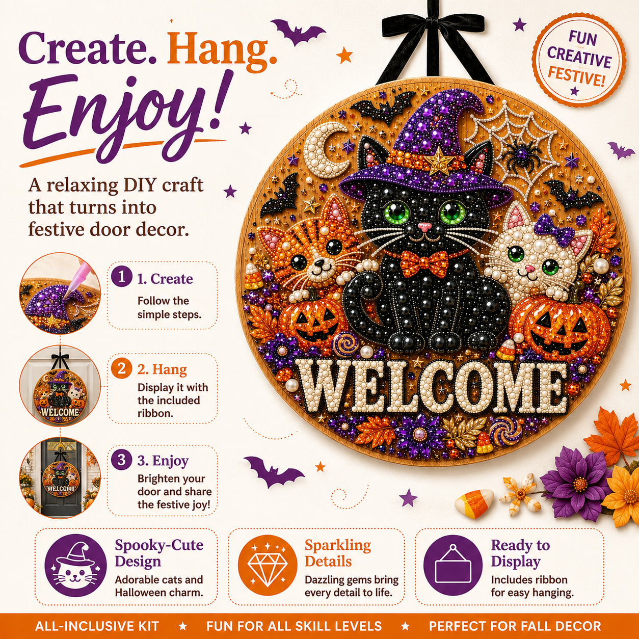 DIY Halloween Pearl Welcome Sign – Sparkling Cat & Pumpkin Door Porch Decor for Fall Home Decoration 🐈‍⬛✨