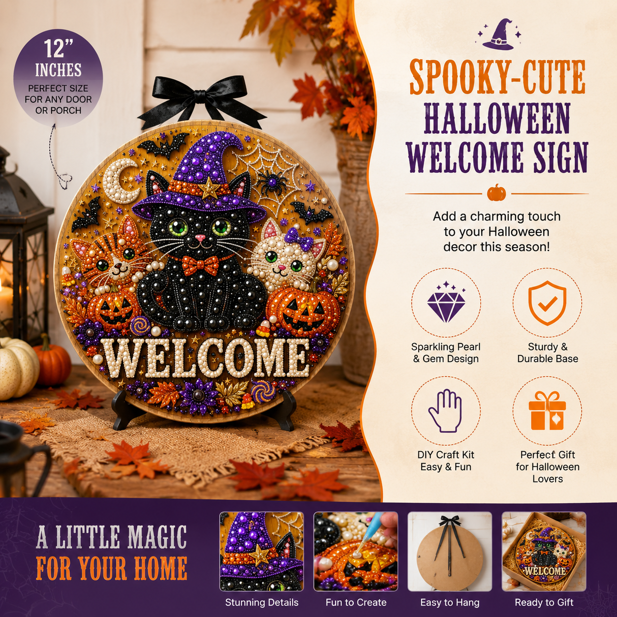 DIY Halloween Pearl Welcome Sign – Sparkling Cat & Pumpkin Door Porch Decor for Fall Home Decoration 🐈‍⬛✨