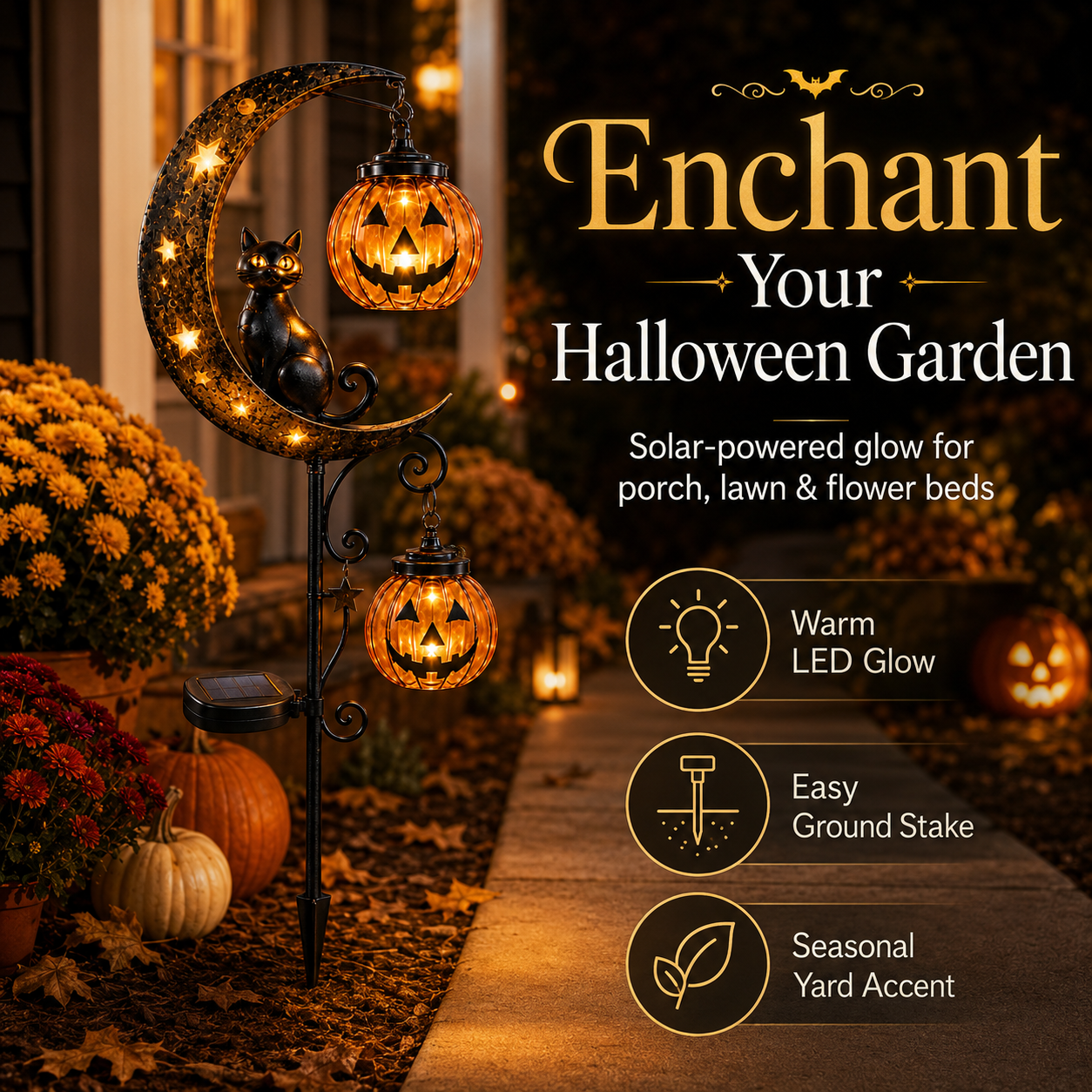 🔥Last Chance Before They're Gone! Solar Halloween Black Cat Moon Garden Stake Light 🎃🐈‍⬛🌙