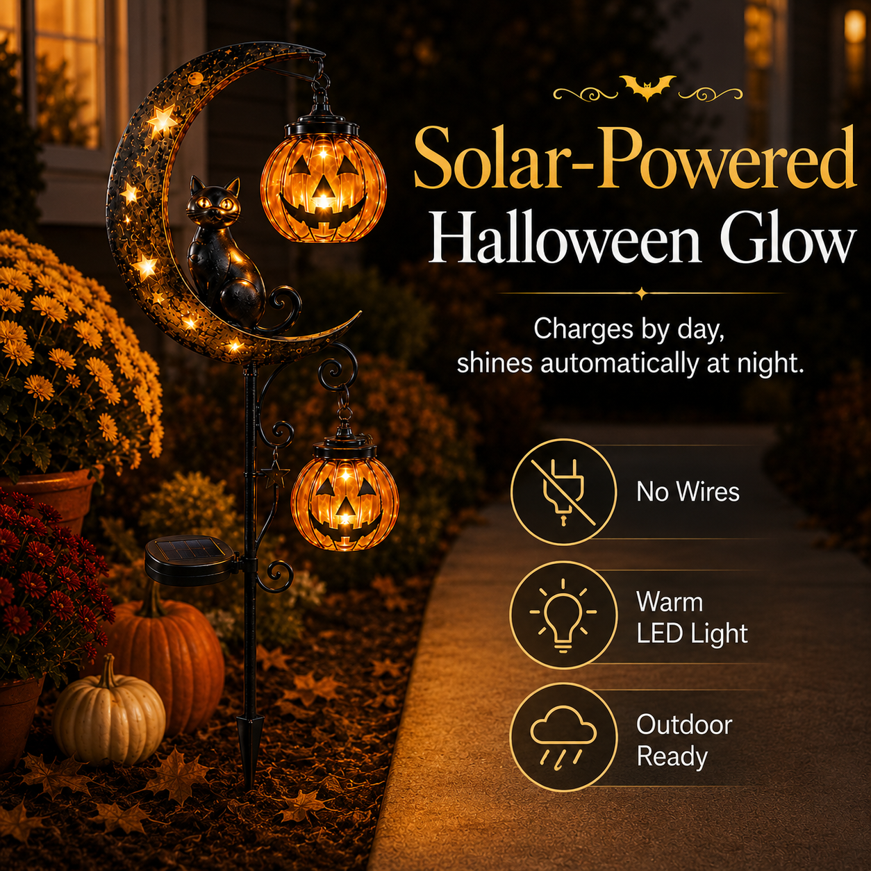 🔥Last Chance Before They're Gone! Solar Halloween Black Cat Moon Garden Stake Light 🎃🐈‍⬛🌙