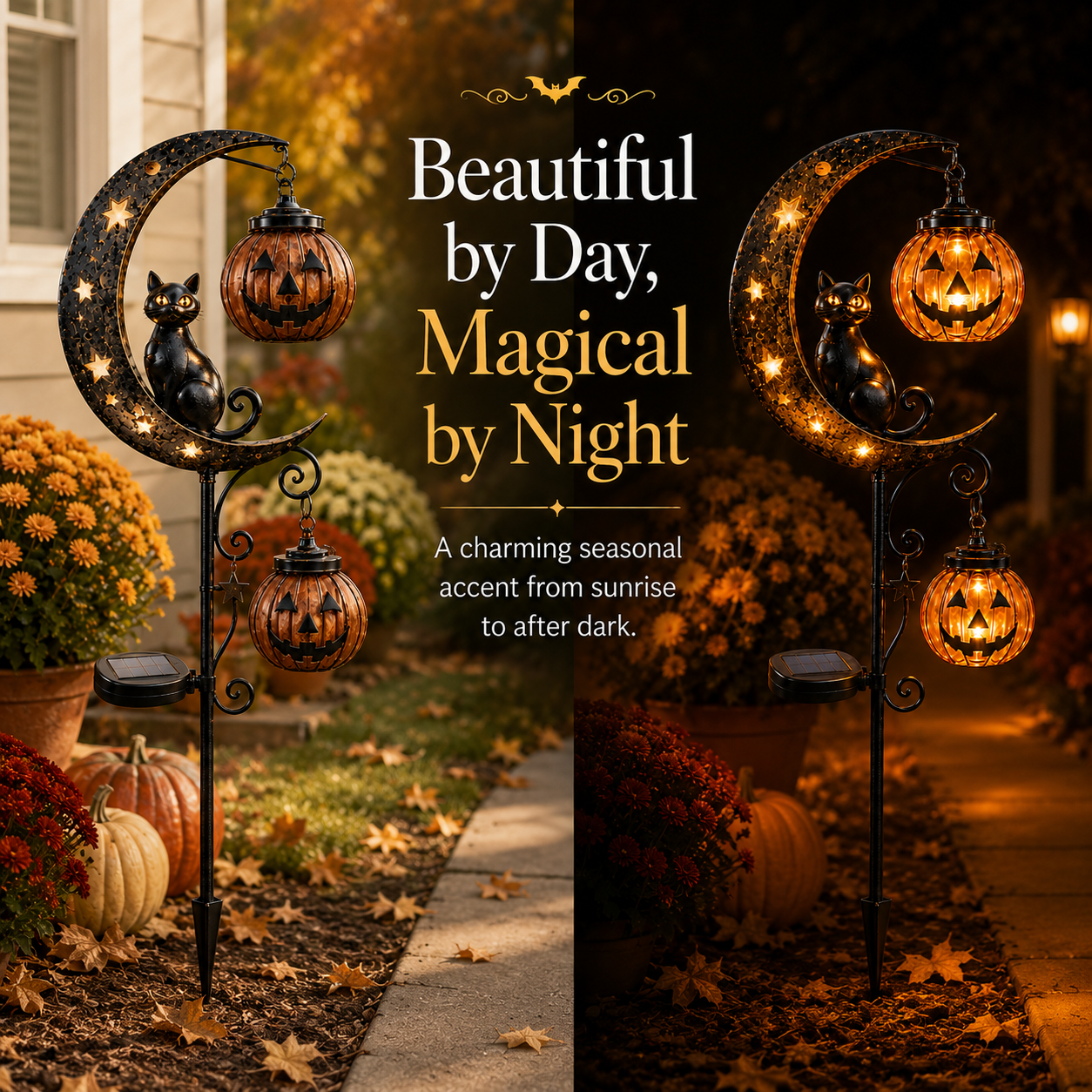 🔥Last Chance Before They're Gone! Solar Halloween Black Cat Moon Garden Stake Light 🎃🐈‍⬛🌙