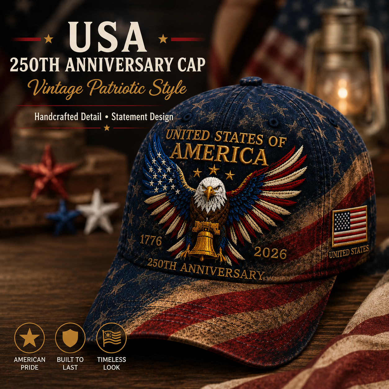 🎉Patriotic 4th of July ❤️ 🇺🇸 Premium Crafted USA 250th Anniversary Patriotic Eagle Cap