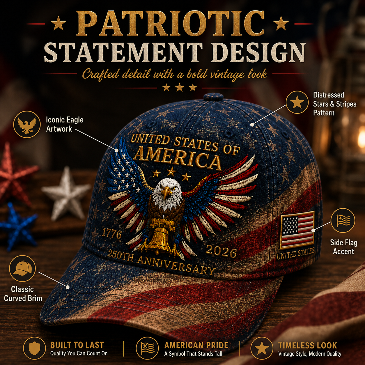 🎉Patriotic 4th of July ❤️ 🇺🇸 Premium Crafted USA 250th Anniversary Patriotic Eagle Cap