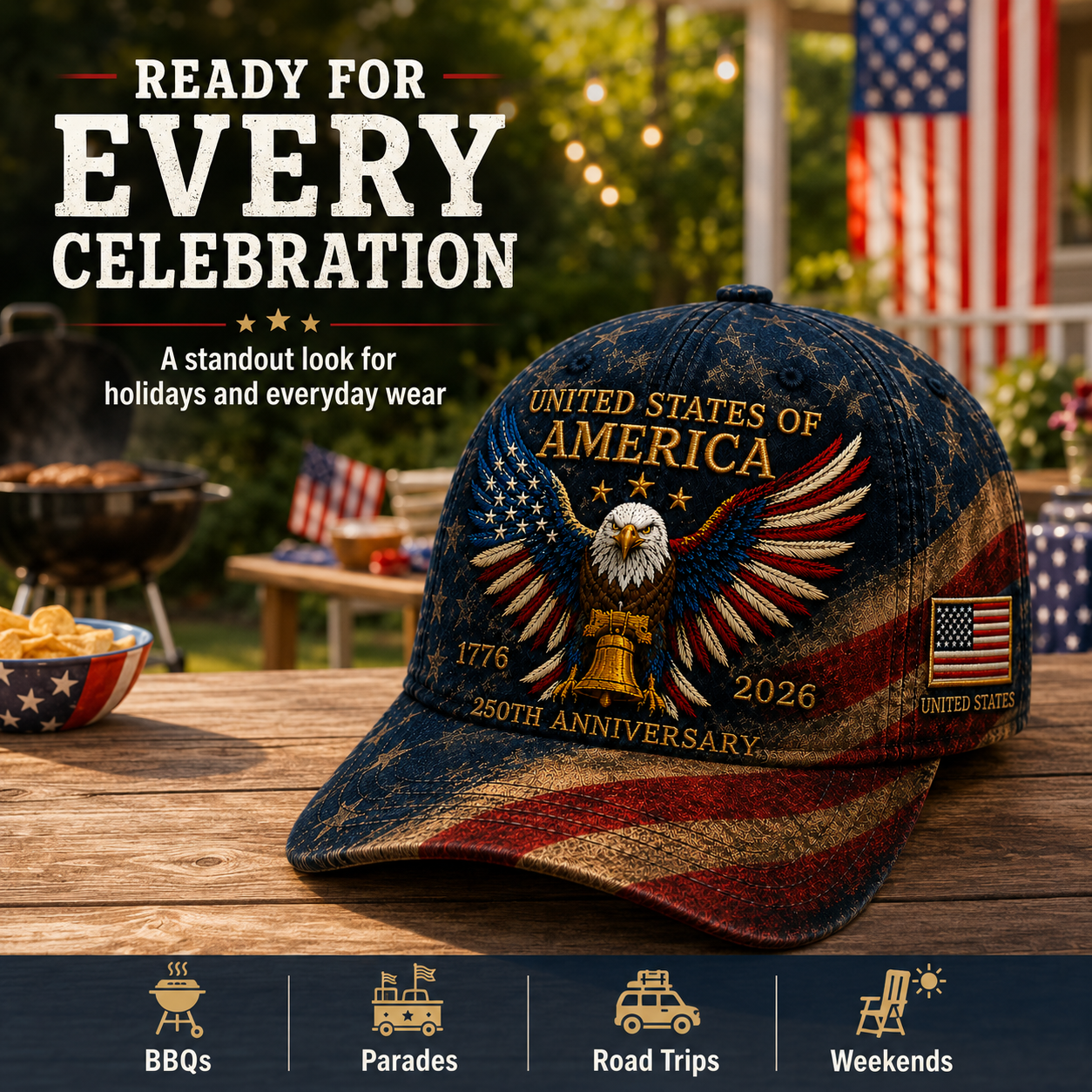🎉Patriotic 4th of July ❤️ 🇺🇸 Premium Crafted USA 250th Anniversary Patriotic Eagle Cap