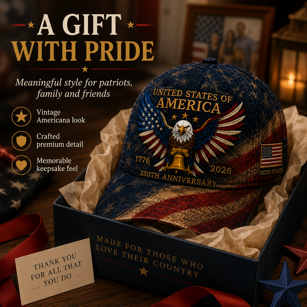 🎉Patriotic 4th of July ❤️ 🇺🇸 Premium Crafted USA 250th Anniversary Patriotic Eagle Cap