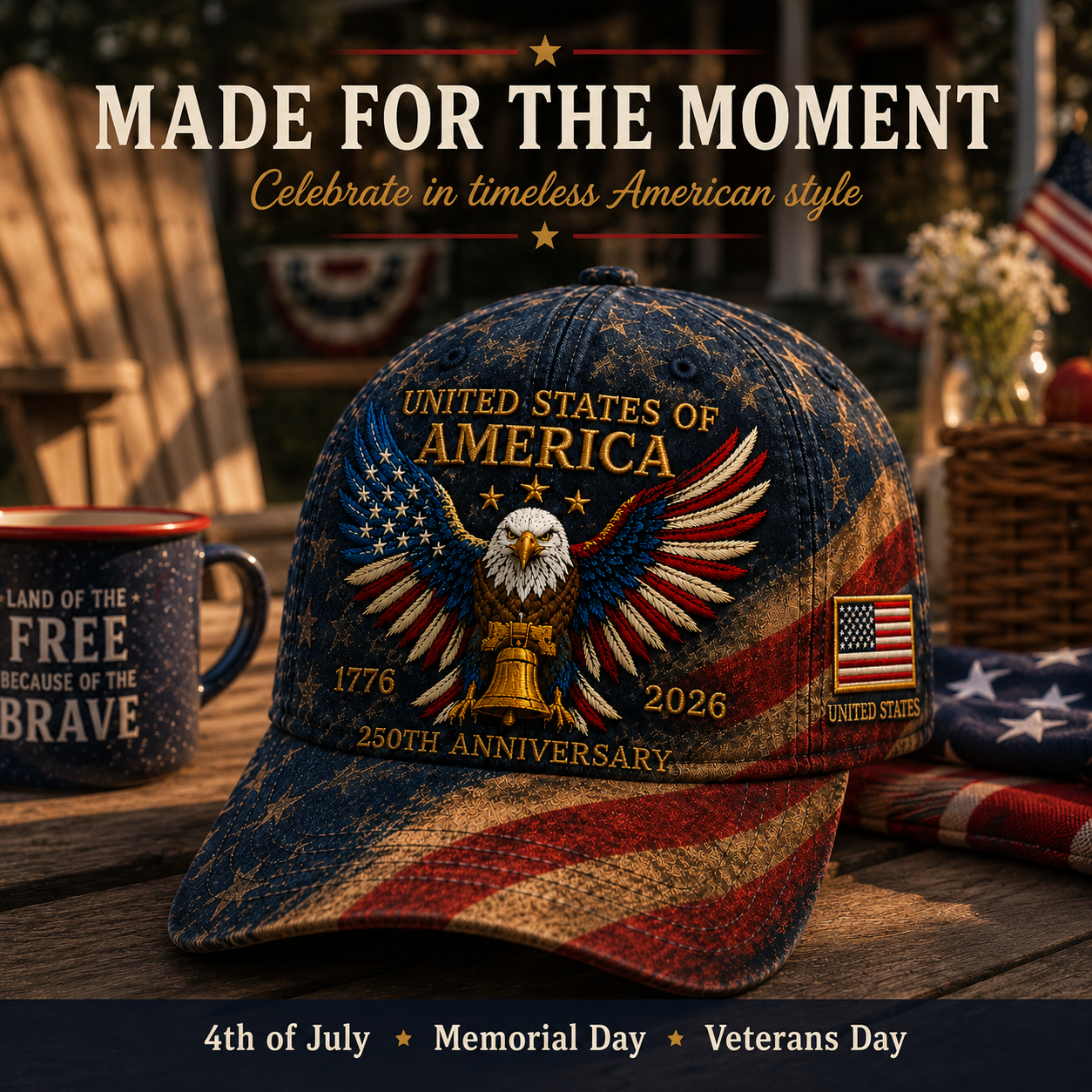 🎉Patriotic 4th of July ❤️ 🇺🇸 Premium Crafted USA 250th Anniversary Patriotic Eagle Cap