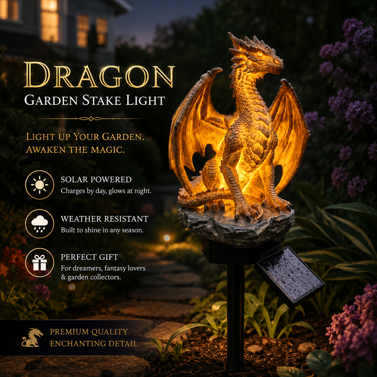 💥LAST DAY 50% OFF🐉✨Solar Dragon Garden Statue Light – Golden Ember Fantasy Outdoor Decor