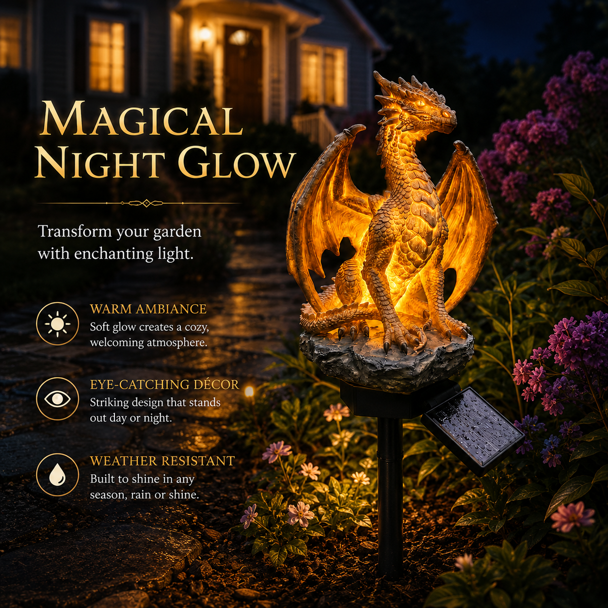 💥LAST DAY 50% OFF🐉✨Solar Dragon Garden Statue Light – Golden Ember Fantasy Outdoor Decor