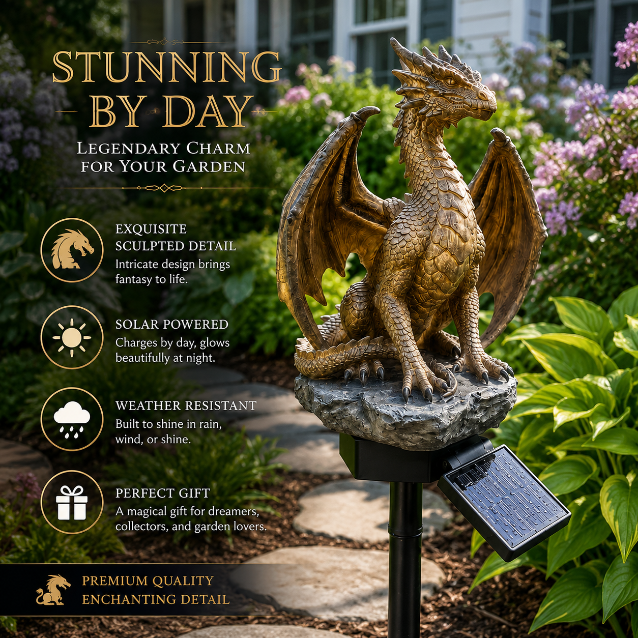 💥LAST DAY 50% OFF🐉✨Solar Dragon Garden Statue Light – Golden Ember Fantasy Outdoor Decor