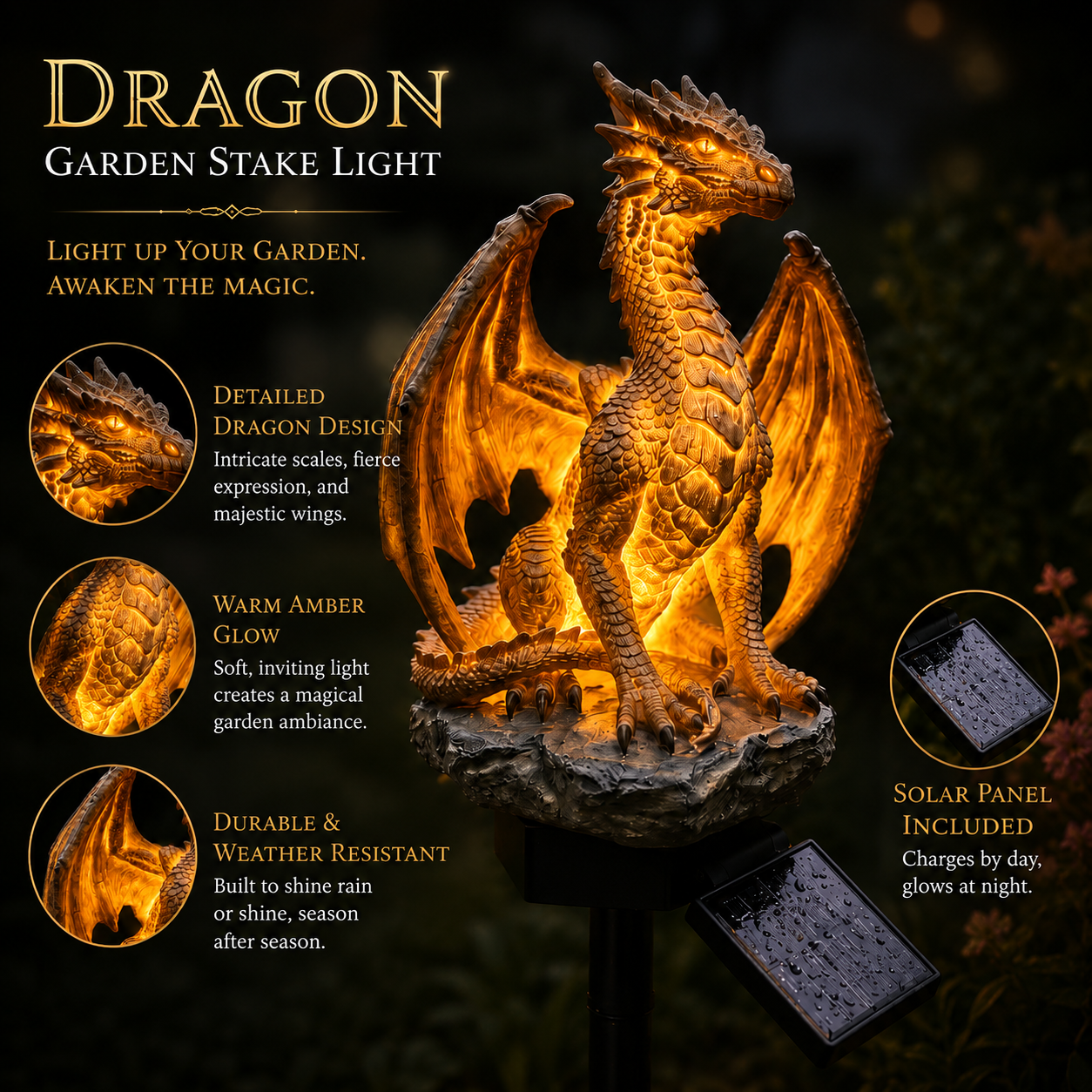 💥LAST DAY 50% OFF🐉✨Solar Dragon Garden Statue Light – Golden Ember Fantasy Outdoor Decor