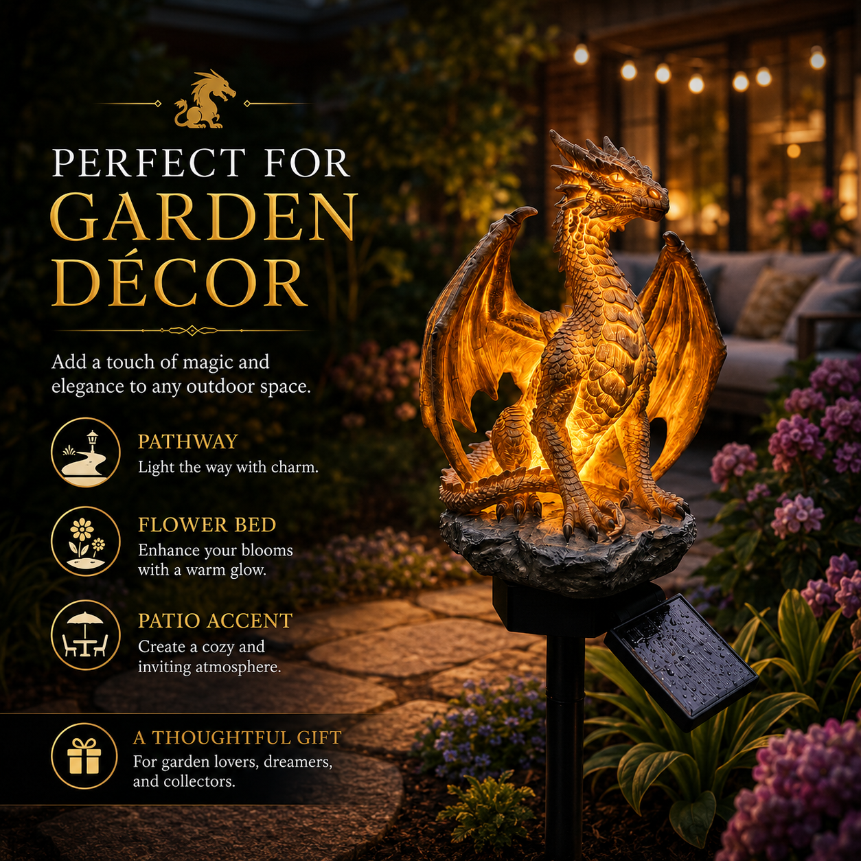 💥LAST DAY 50% OFF🐉✨Solar Dragon Garden Statue Light – Golden Ember Fantasy Outdoor Decor