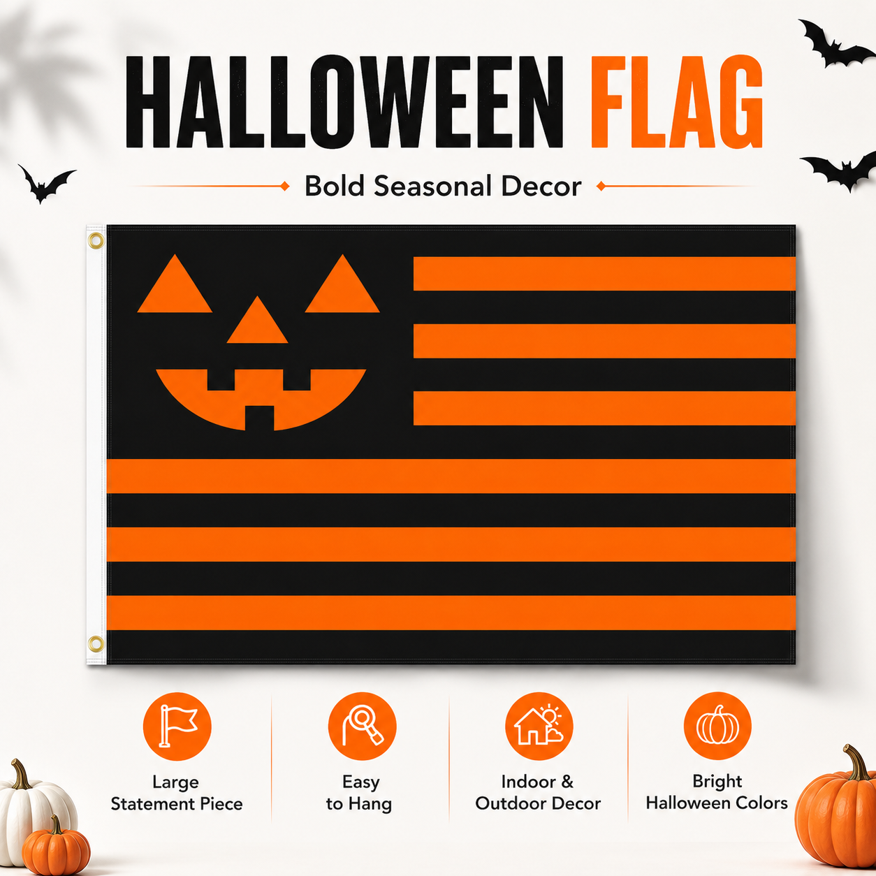Halloween Pumpkin Flag – Black & Orange Jack-O’-Lantern Yard Banner for Porch, Wall & Party Decor 🎃