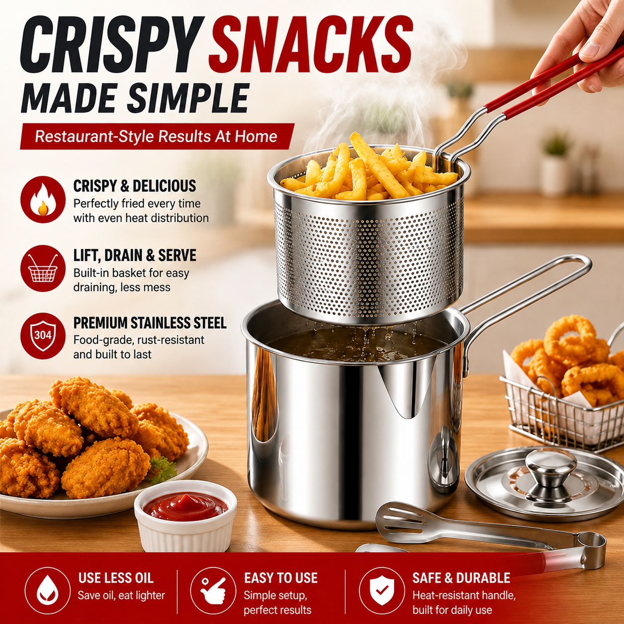 2026🔥🍟 Personal Mini Deep Fryer Set – Stainless Steel Pot with Lift-Out Draining Basket & Food Tongs