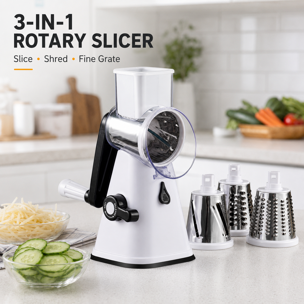 🥕 3-in-1 Manual Rotary Vegetable Slicer & Cheese Grater