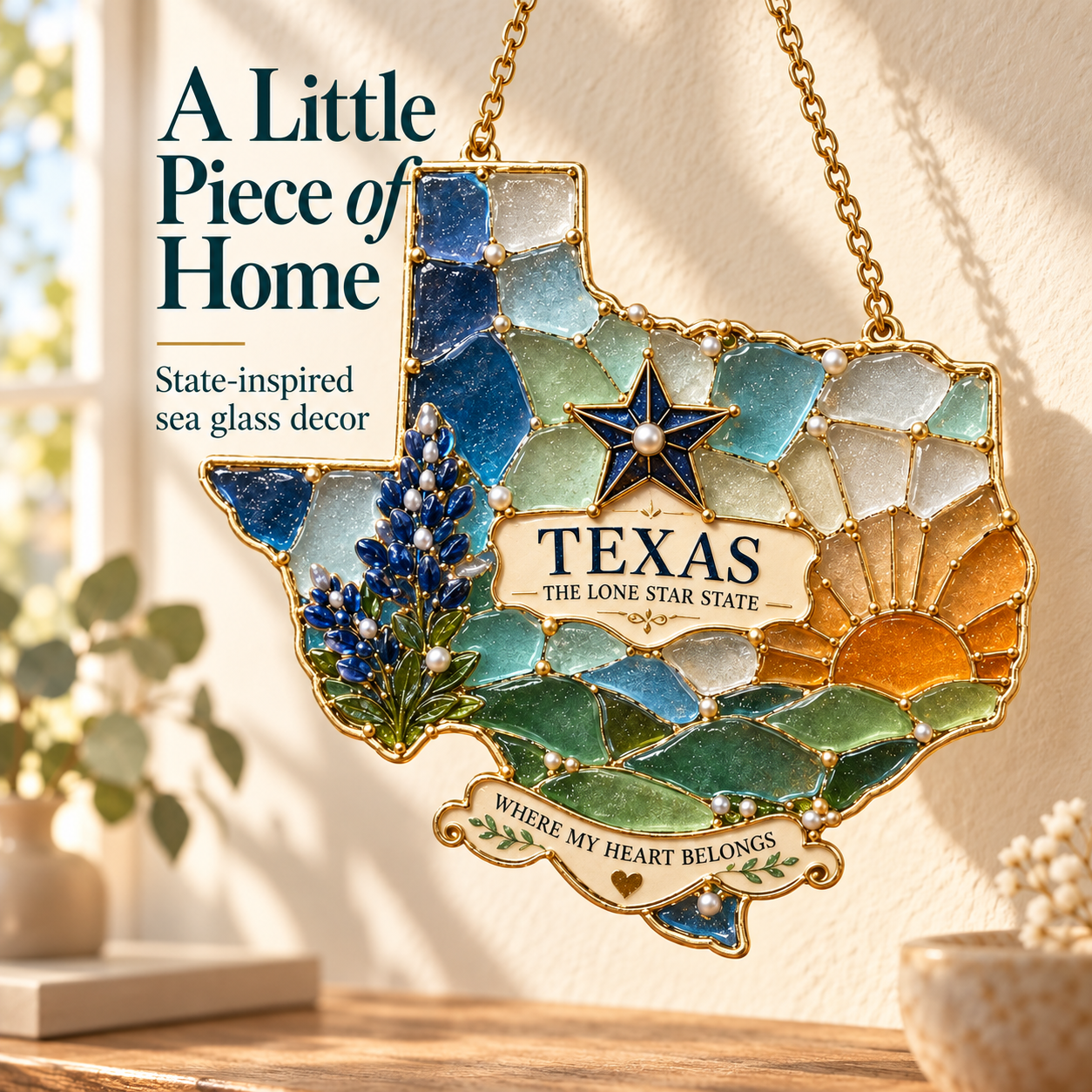 🏡 State-Shaped Sea Glass Hanging Ornament