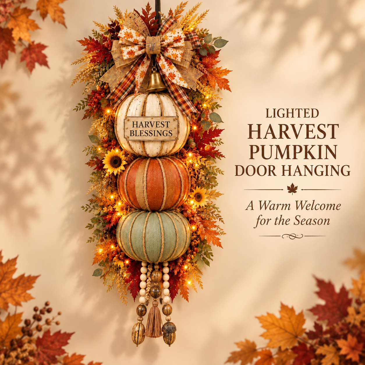 🏡🎃Lighted Stacked Pumpkin Fall Door Decor with 3 Seasonal Plaques