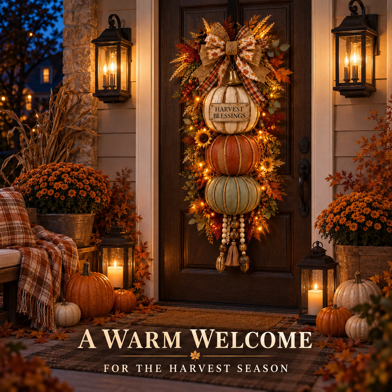 🏡🎃Lighted Stacked Pumpkin Fall Door Decor with 3 Seasonal Plaques