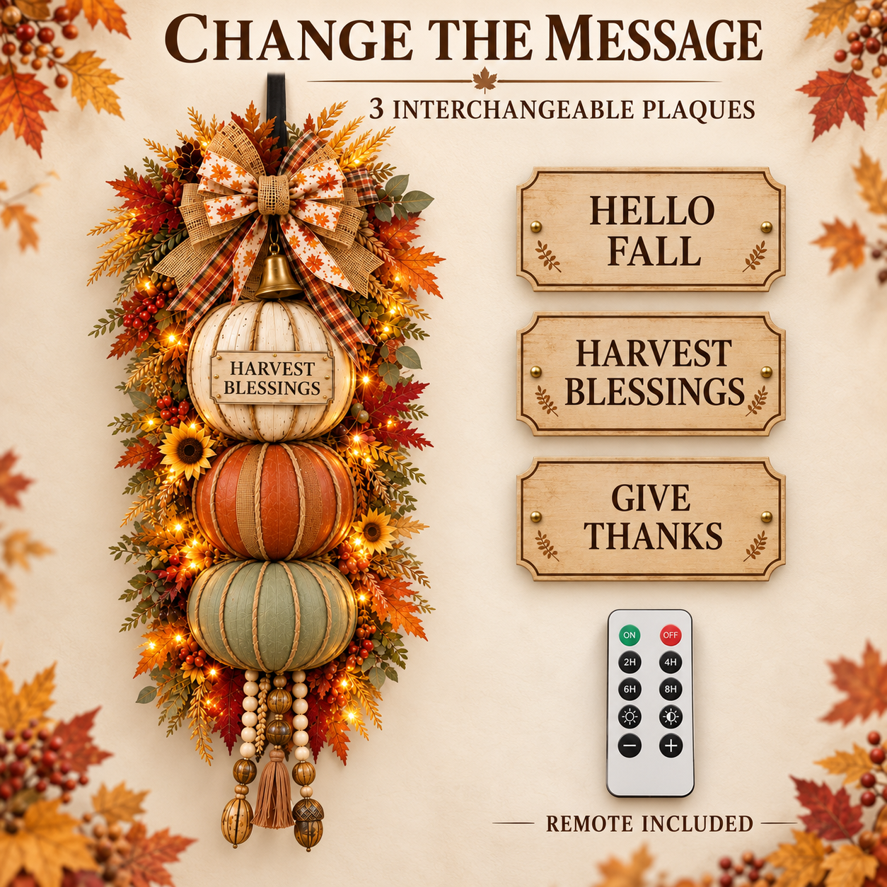 🏡🎃Lighted Stacked Pumpkin Fall Door Decor with 3 Seasonal Plaques