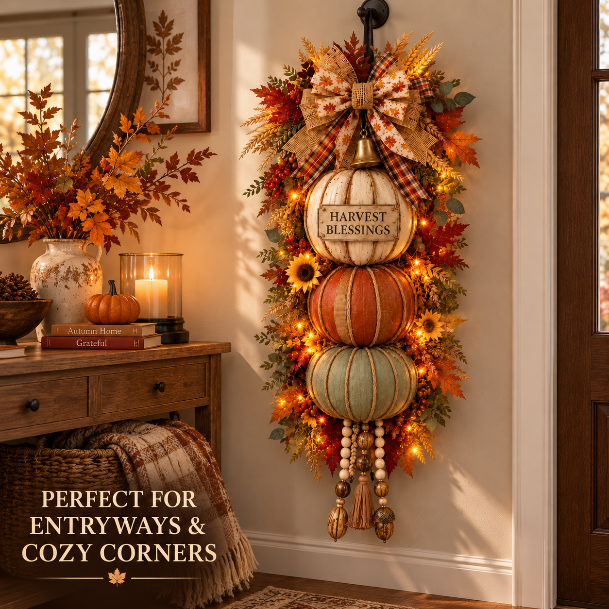 🏡🎃Lighted Stacked Pumpkin Fall Door Decor with 3 Seasonal Plaques