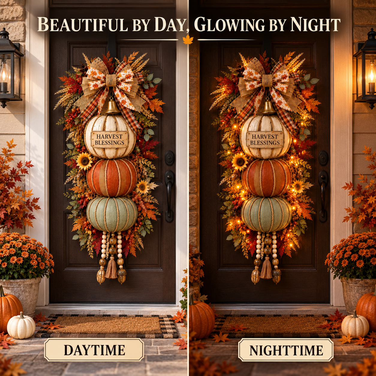 🏡🎃Lighted Stacked Pumpkin Fall Door Decor with 3 Seasonal Plaques