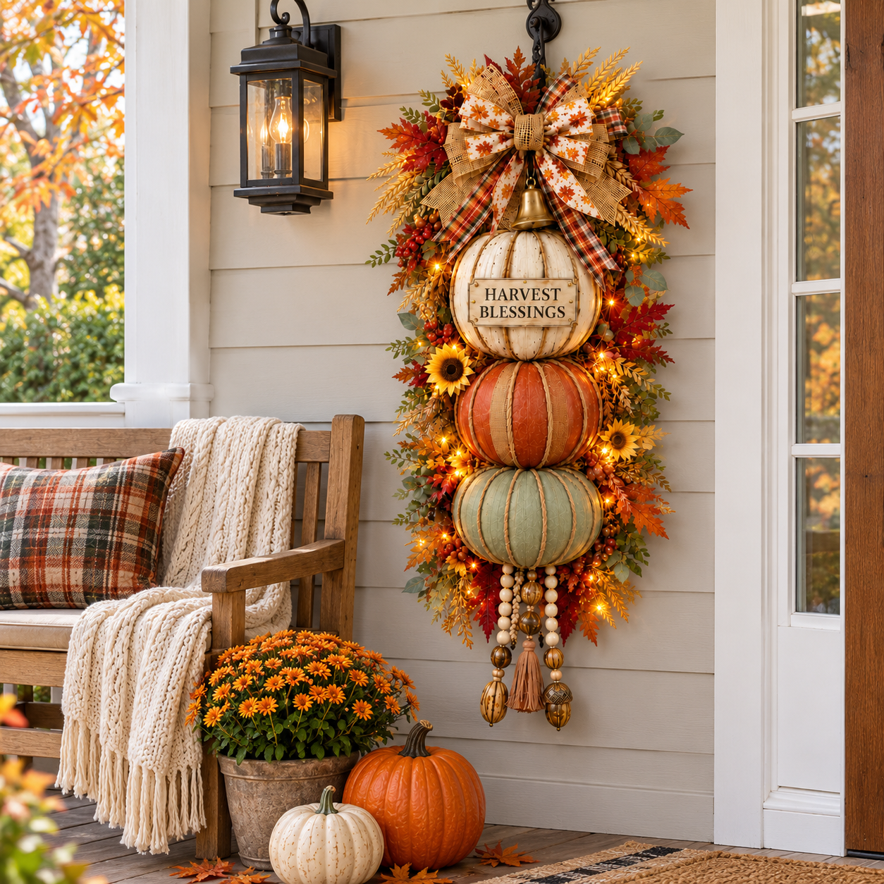 🏡🎃Lighted Stacked Pumpkin Fall Door Decor with 3 Seasonal Plaques