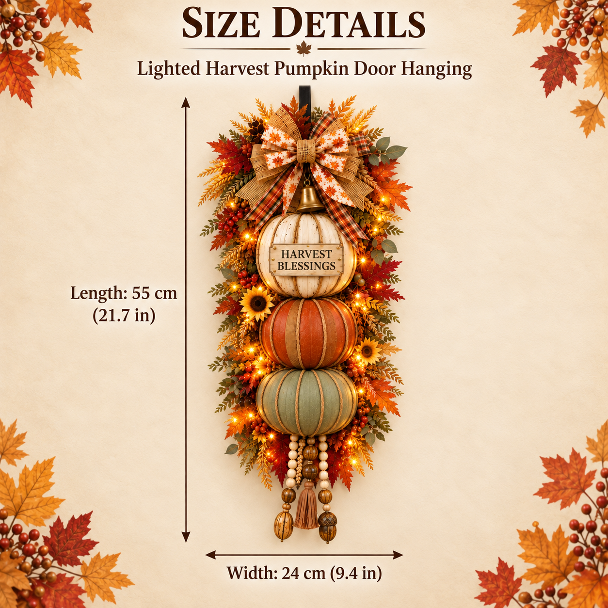 🏡🎃Lighted Stacked Pumpkin Fall Door Decor with 3 Seasonal Plaques