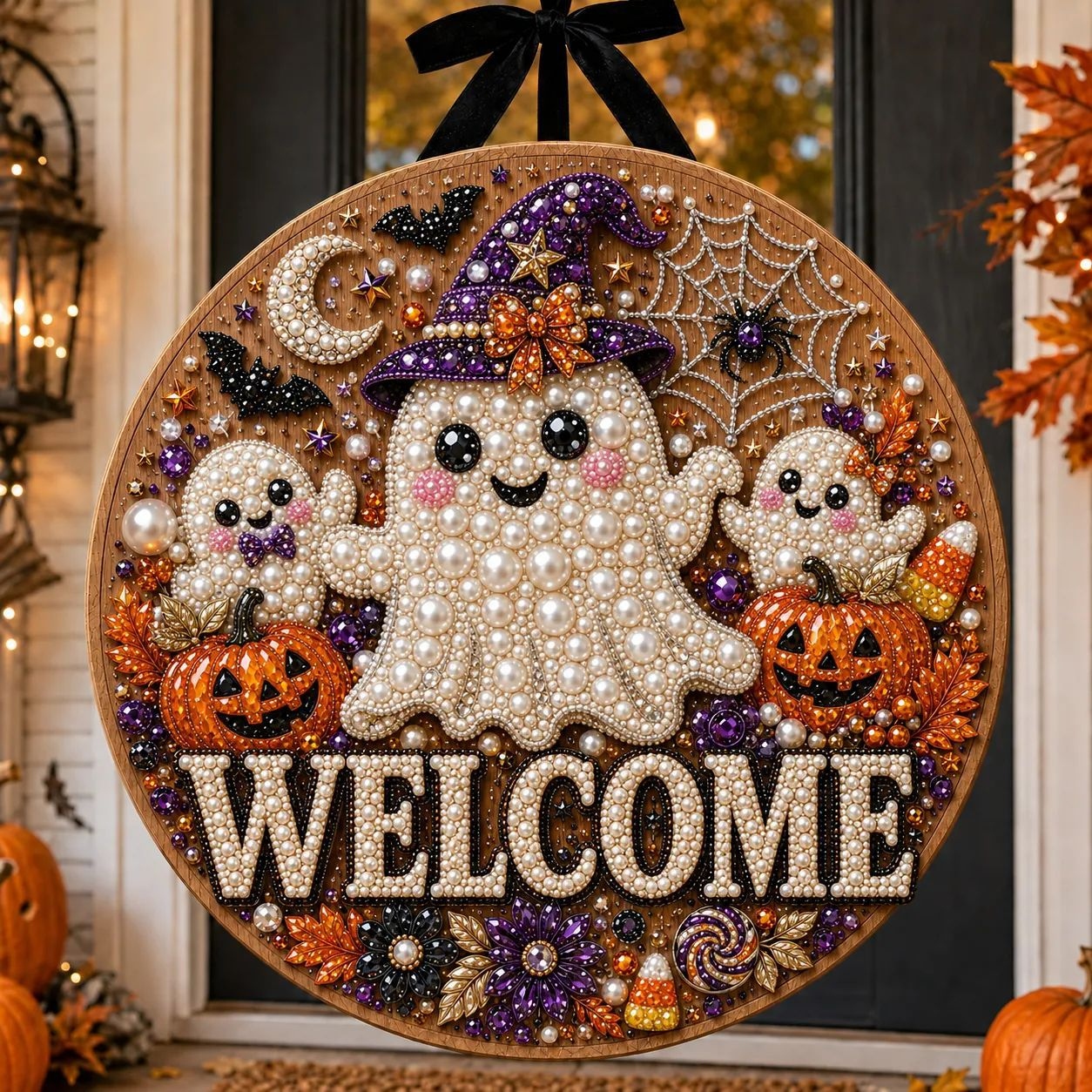 DIY Halloween Pearl Welcome Sign – Sparkling Cat & Pumpkin Door Porch Decor for Fall Home Decoration 🐈‍⬛✨