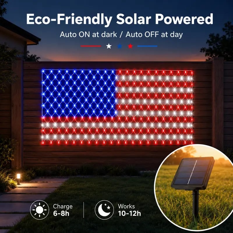 🔥Solar American Flag Lights Outdoor American Flag Net Lights 6.5ft x 3.28ft Super Bright