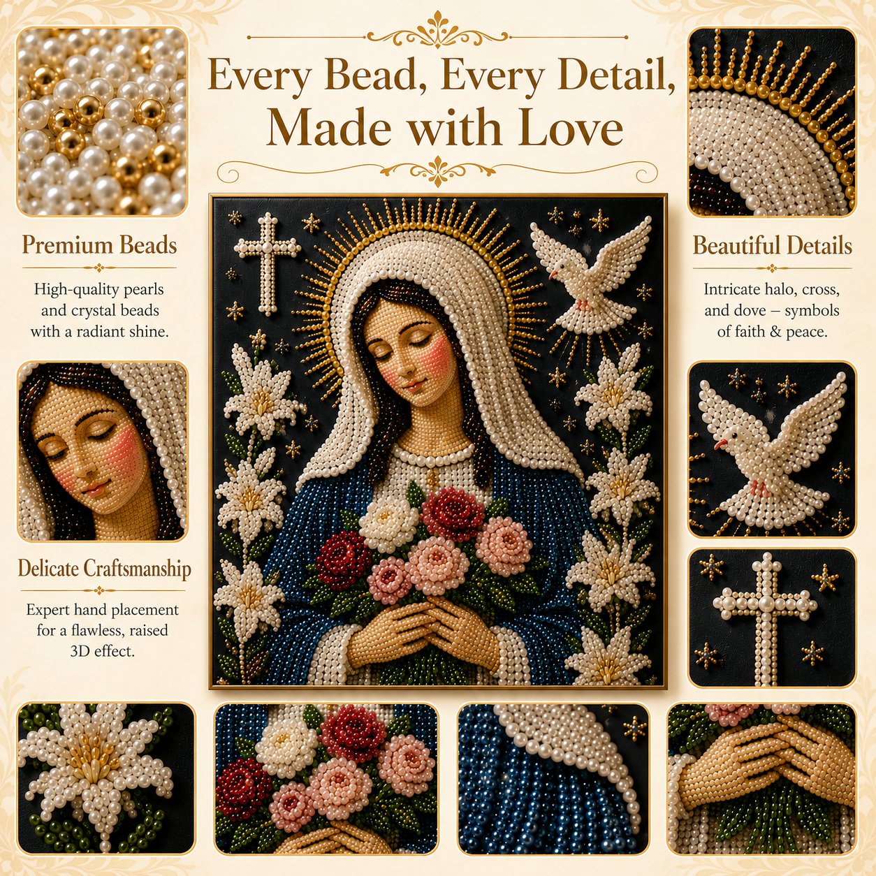 🙏 Divine Pearl Bead Virgin Mary Icon – A Peaceful DIY Faith Art Gift ✨