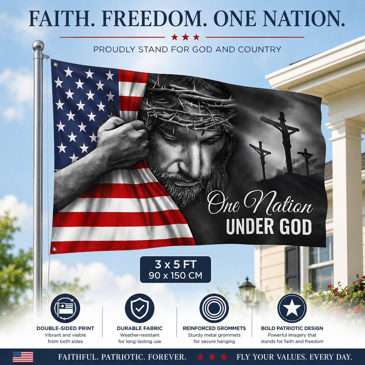 One Nation Under God Jesus Flag - Patriotic Grommet Flag Gift for Faithful Hearts & Home Decor