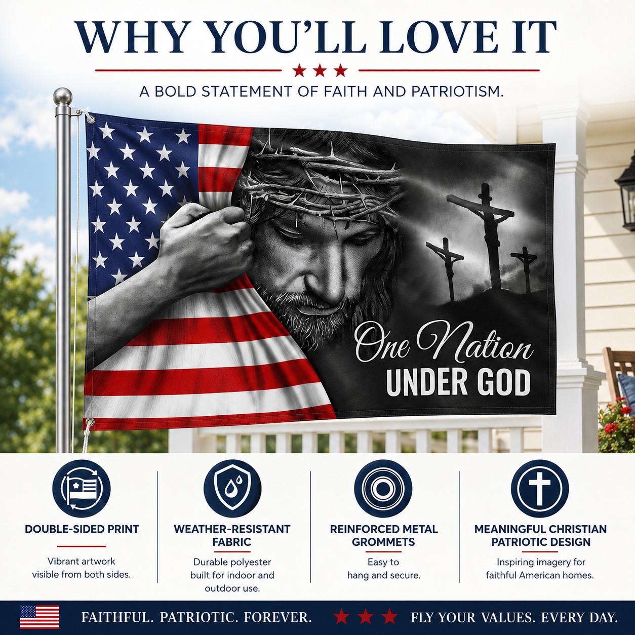 One Nation Under God Jesus Flag - Patriotic Grommet Flag Gift for Faithful Hearts & Home Decor