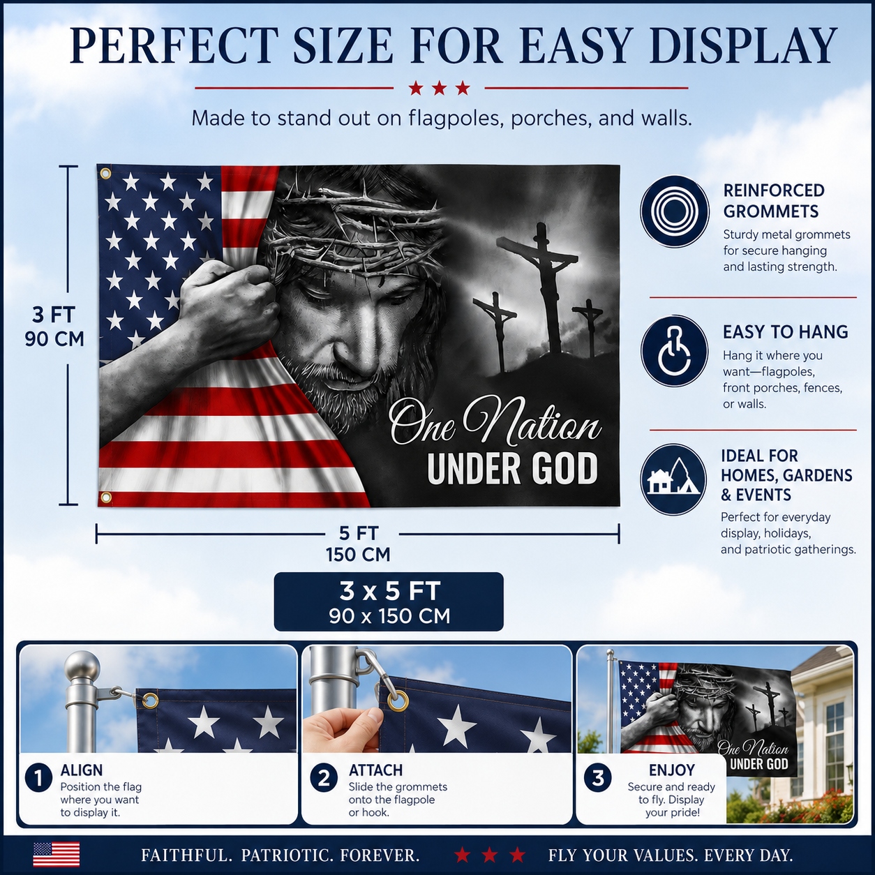 One Nation Under God Jesus Flag - Patriotic Grommet Flag Gift for Faithful Hearts & Home Decor