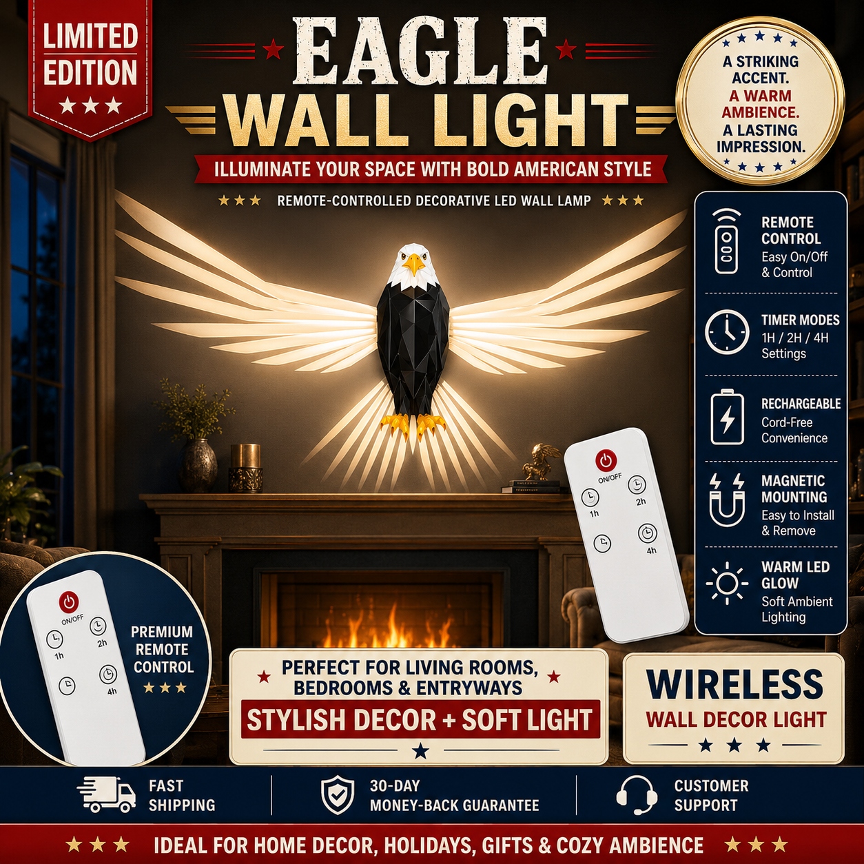 Last Day 49% OFF🔥Eagle Wall Light LED Magnetic Night Lamp No Drill Easy Install USB