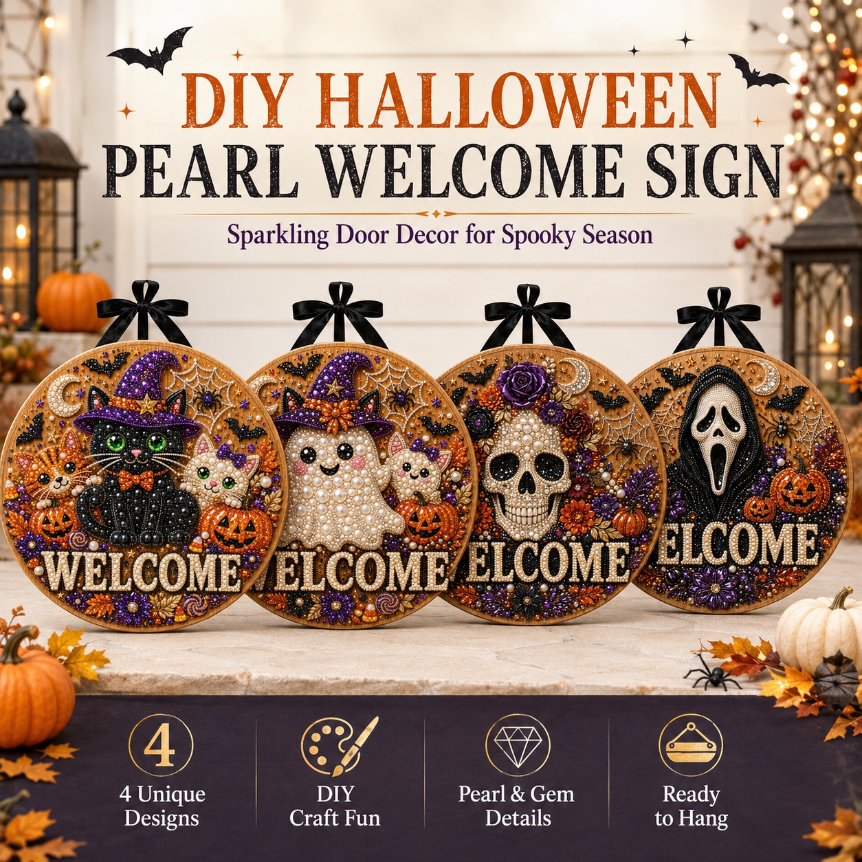 DIY Halloween Pearl Welcome Sign – Sparkling Cat & Pumpkin Door Porch Decor for Fall Home Decoration 🐈‍⬛✨