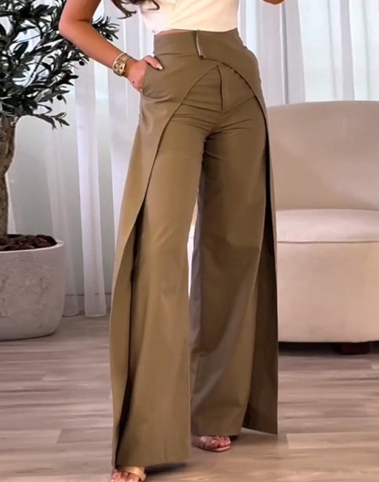 Fashion Women's Casual High Waist Overlap Asymmetric Elegant Solid Color Wide Leg Pants