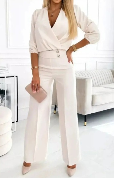Women's solid color v-neck two-button 2-piece trouser suit
