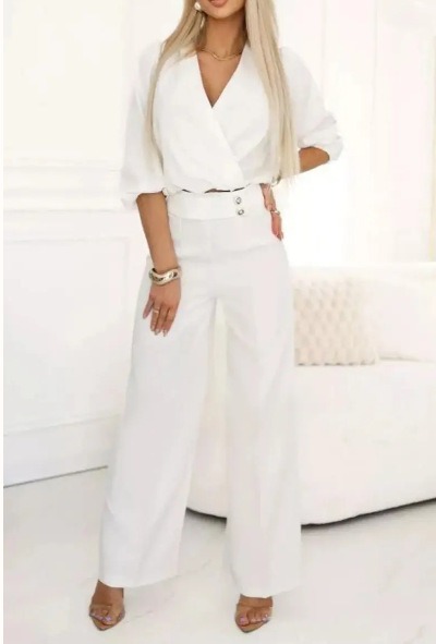Women's solid color v-neck two-button 2-piece trouser suit