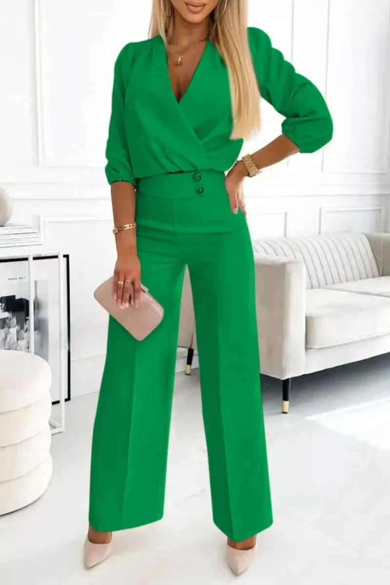 Women's solid color v-neck two-button 2-piece trouser suit