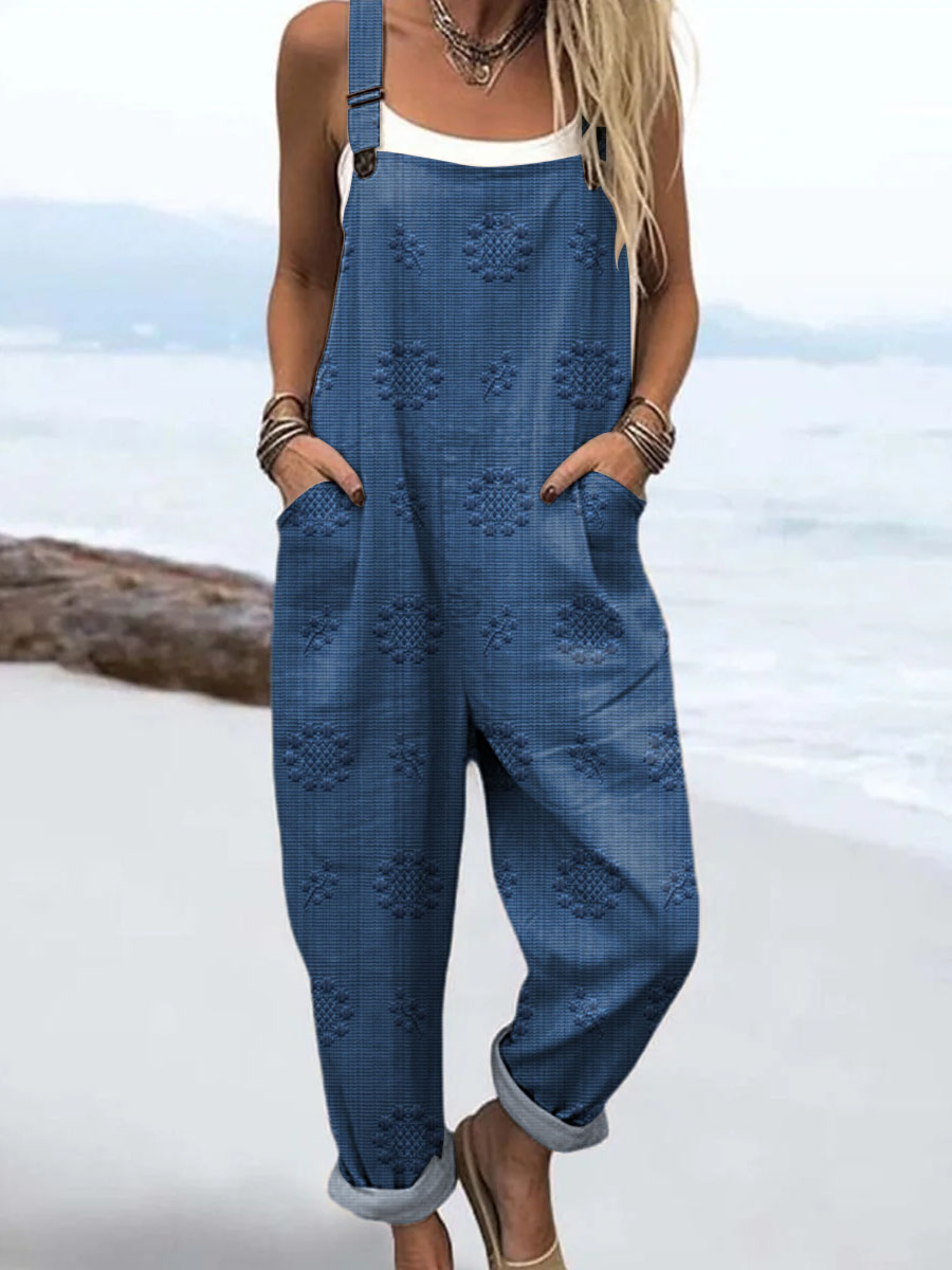Women's Vintage Printed Casual Cotton Wide Leg Jumpsuit