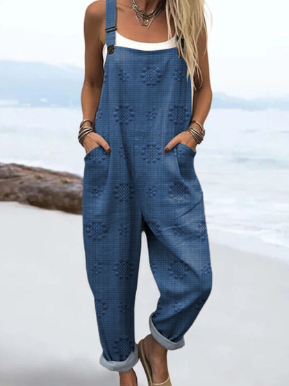  Women's Vintage Printed Casual Cotton Wide Leg Jumpsuit