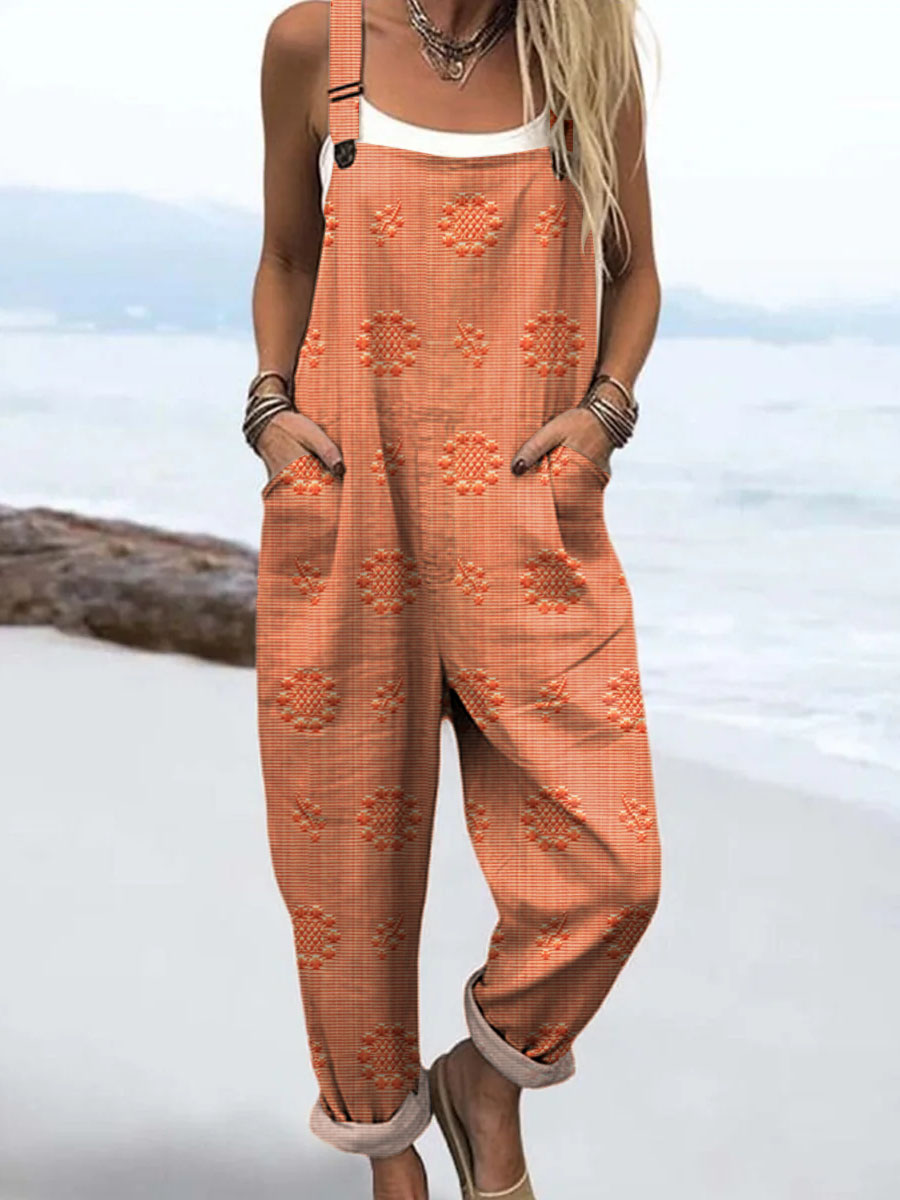  Women's Vintage Printed Casual Cotton Wide Leg Jumpsuit