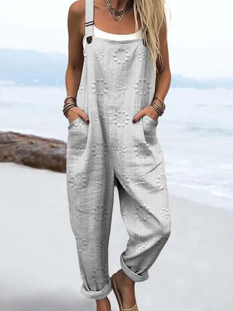  Women's Vintage Printed Casual Cotton Wide Leg Jumpsuit
