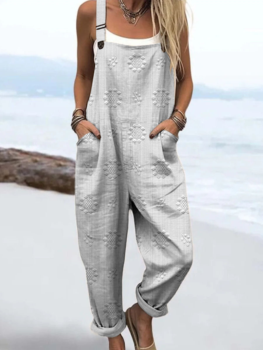  Women's Vintage Printed Casual Cotton Wide Leg Jumpsuit