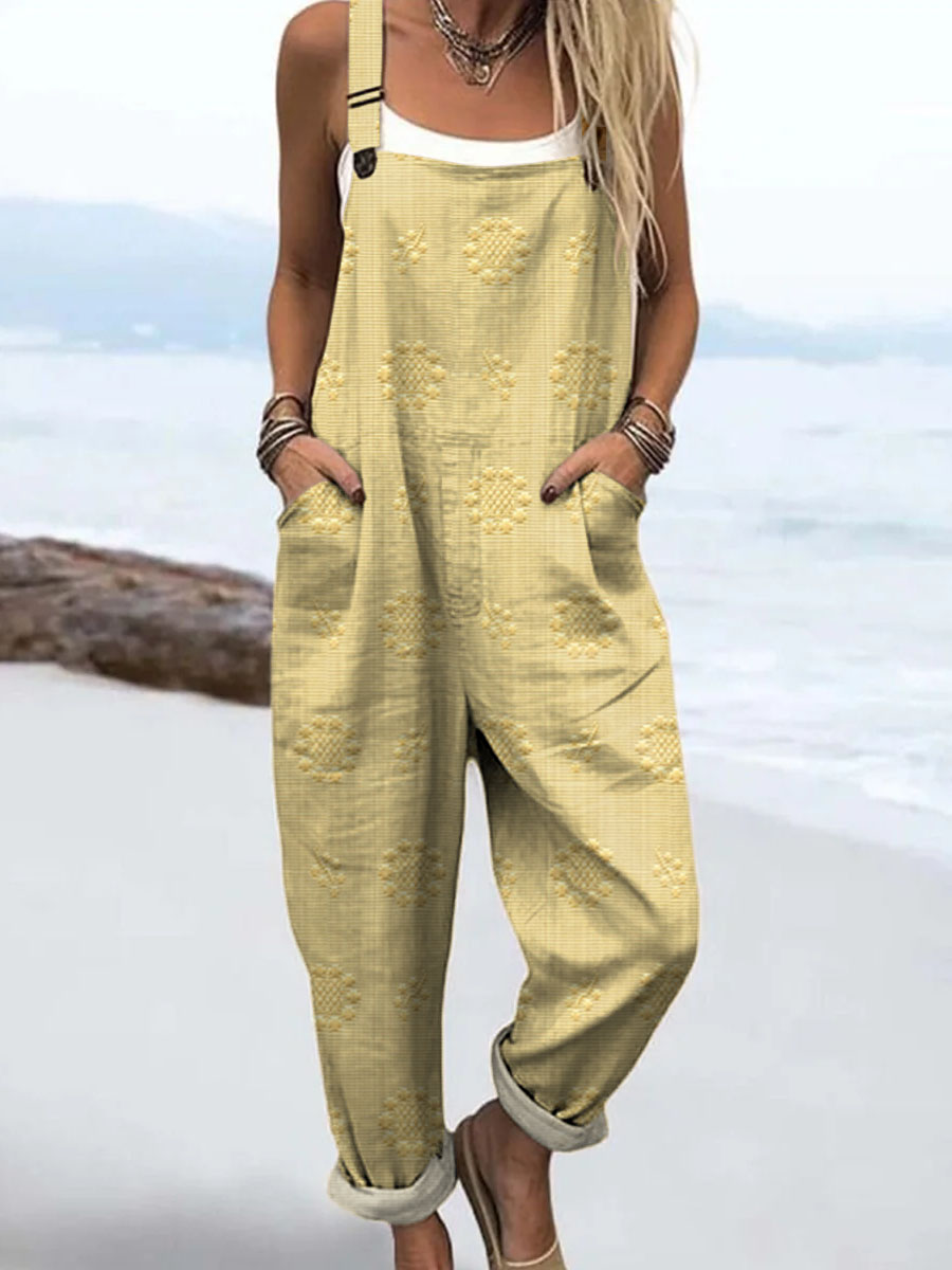  Women's Vintage Printed Casual Cotton Wide Leg Jumpsuit