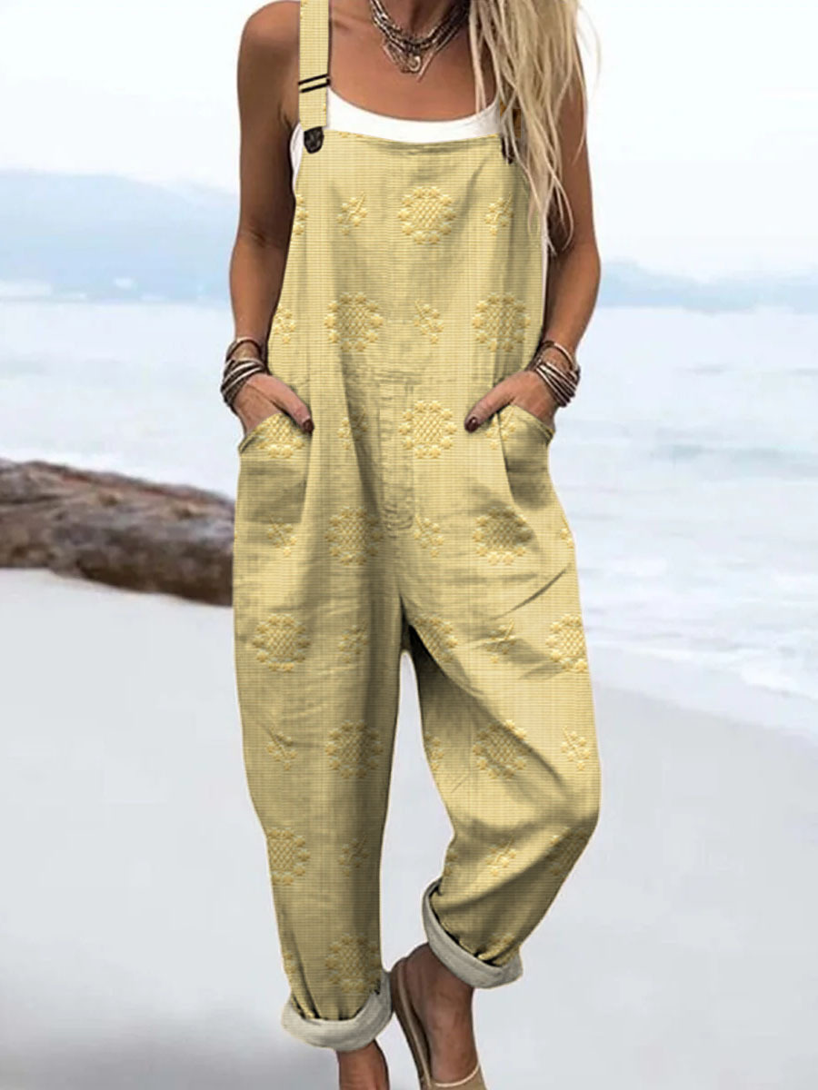  Women's Vintage Printed Casual Cotton Wide Leg Jumpsuit