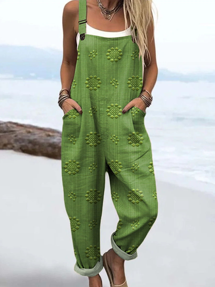  Women's Vintage Printed Casual Cotton Wide Leg Jumpsuit