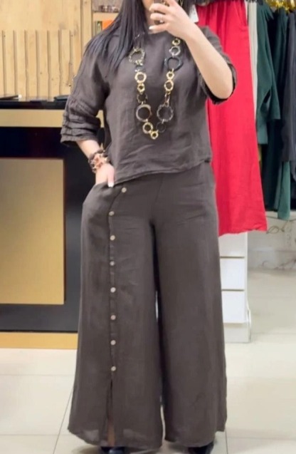 Fashion solid color loose casual three-quarter sleeve top loose pants suit
