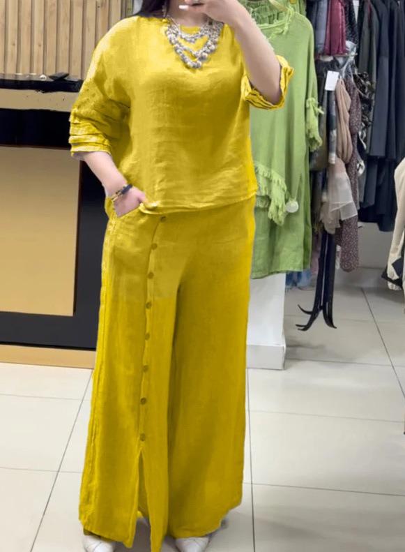 Fashion solid color loose casual three-quarter sleeve top loose pants suit