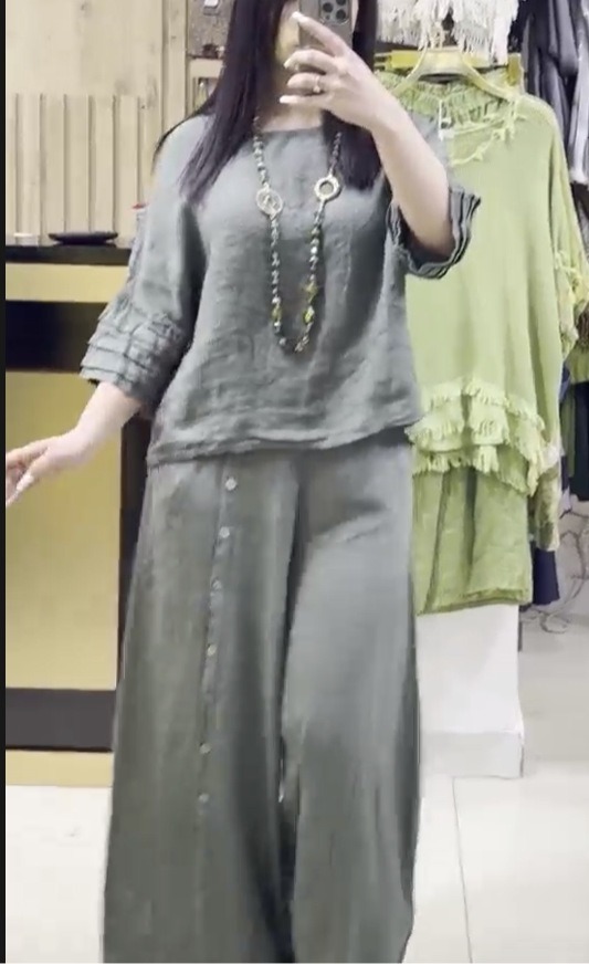 Fashion solid color loose casual three-quarter sleeve top loose pants suit